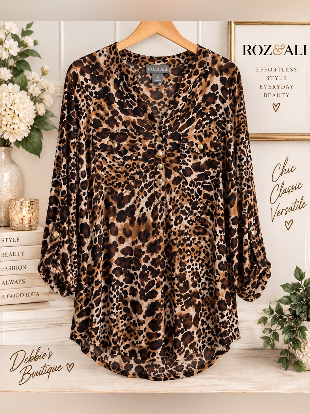 Roz & Ali Leopard Print Tunic Blouse Large Roll Tab Sleeves